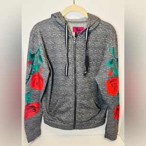 Women's Y2K Gray Zip Front Long Sleeve Hoodie Jacket With Rose Design Size 1X